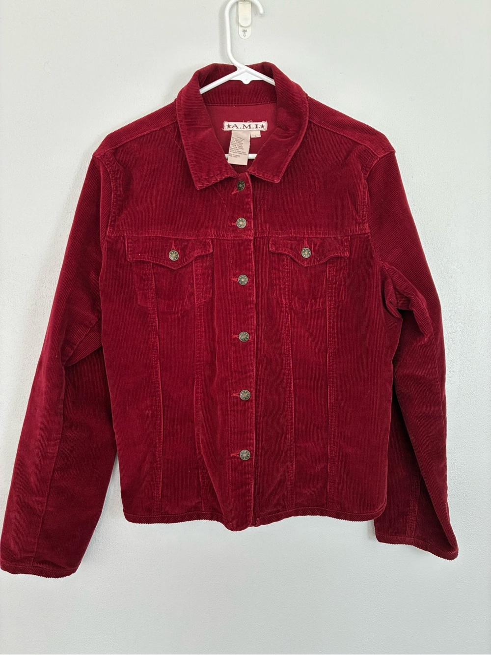 Deep Red Corduroy Jacket - Classic Button-Front Coat